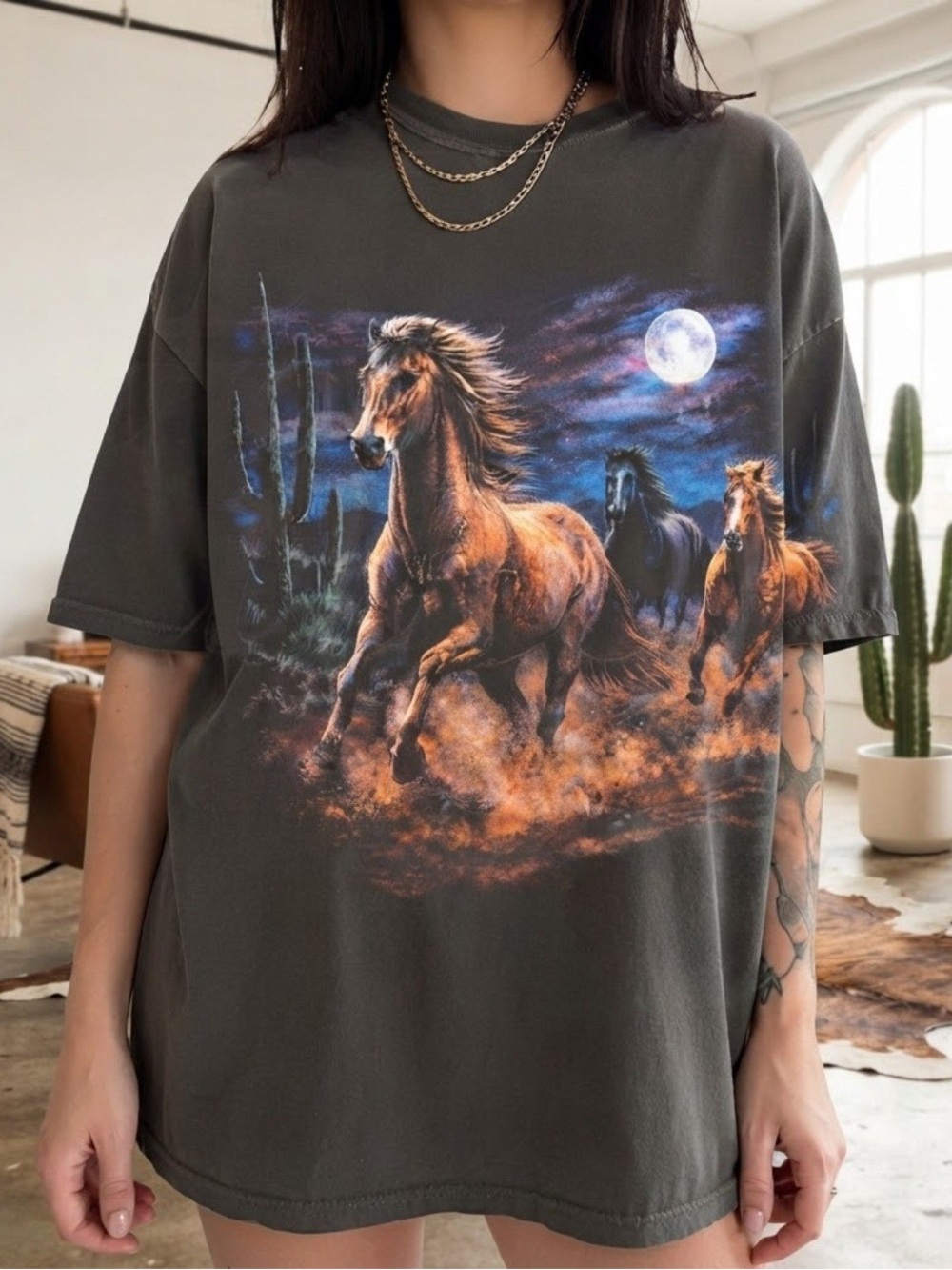 Wild Running Horses Moon Desert Graphic Comfort Colors T-Shirt